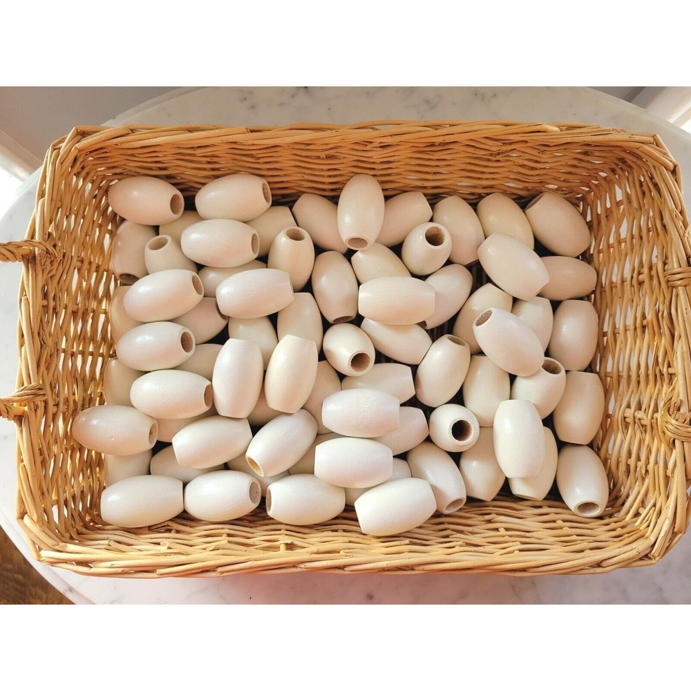 70 New White Barrel Wooden Beads 1 3/4" long (44 mm) Craft Macrame Wood